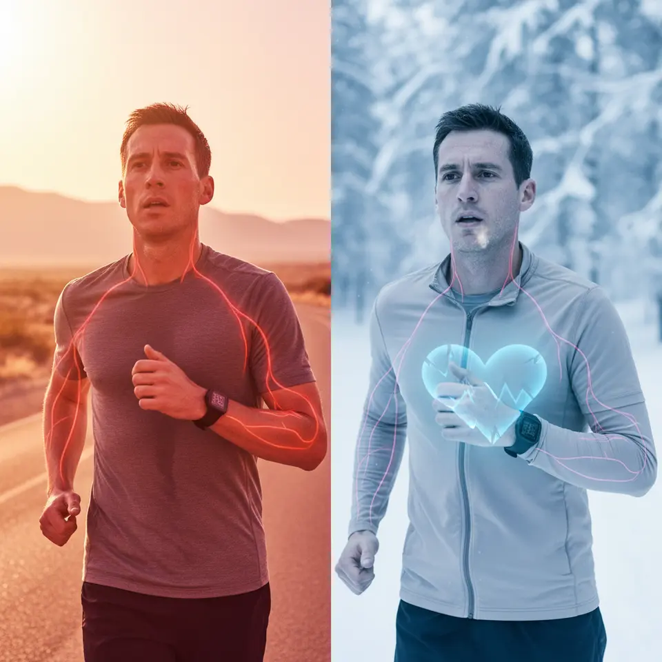 Temperature and Cardiovascular Dynamics – A split-scene illustration showing a person on a morning run in a hot, red-toned environment (sweat, glowing dilated blood vessels at skin surface, wearable heart-rate monitor) contrasted with the same person exercising in a cool, blue-toned setting (visible vasoconstricted vessels, shivering, heart icon under strain), visually conveying how ambient temperature swings affect blood flow and heart stress.