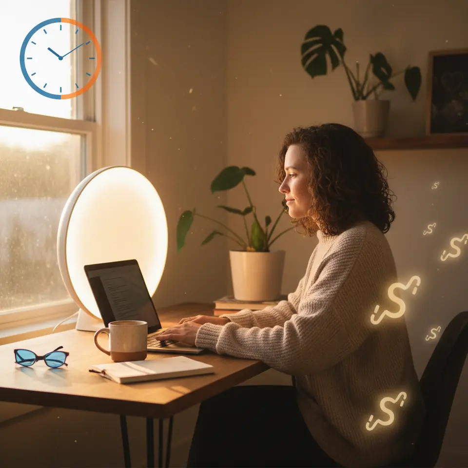 Sunlight, Circadian Rhythms, and Mood – A cozy indoor workspace bathed in warm, natural morning light streaming through a large window onto a seated figure using a light-therapy lamp; include a subtle overlay of a 24-hour clock and floating serotonin molecule icons to depict the connection between daylight exposure, internal body clock regulation, and mood enhancement.