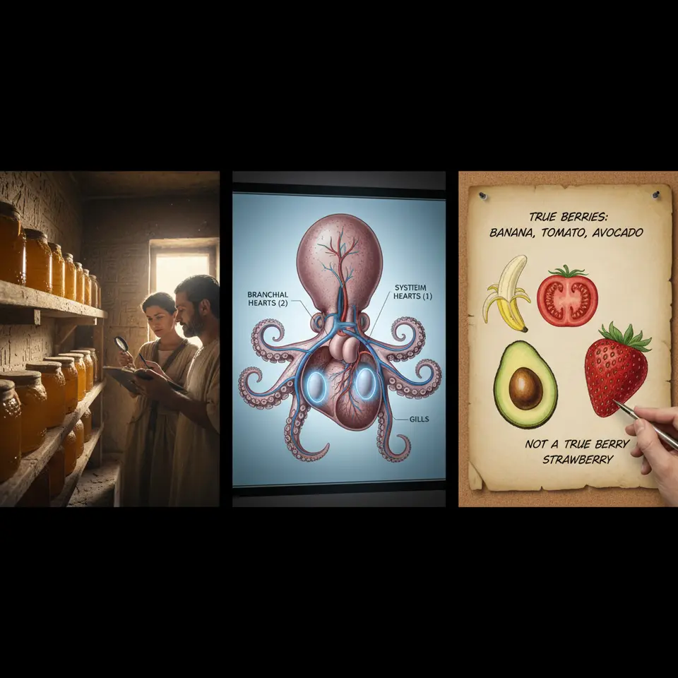 Natural Phenomena and Biological Wonders – Create a richly detailed composite showing (1) an ancient Egyptian tomb chamber with sealed honey jars still crystalline and intact after 3,000 years, (2) an anatomical cross-section of an octopus highlighting its three hearts (two branchial hearts by the gills and one central systemic heart that stops when it swims), and (3) a botanical illustration of true berries (banana, tomato, avocado) contrasted with a strawberry.
