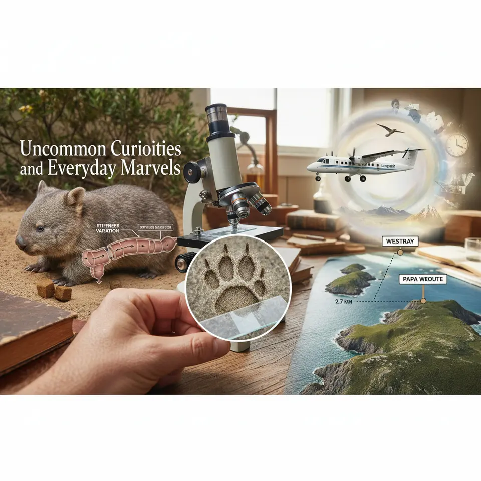 Uncommon Curiosities and Everyday Marvels – Illustrate a wombat in its natural burrow leaving perfectly cube-shaped droppings (with a transparent intestine inset explaining stiffness variation), alongside a magnified koala paw print under a microscope, a tiny Loganair plane flying the 2.7 km route between Westray and Papa Westray, and a dream-like swirl of fading images to symbolize rapid dream forgetting.