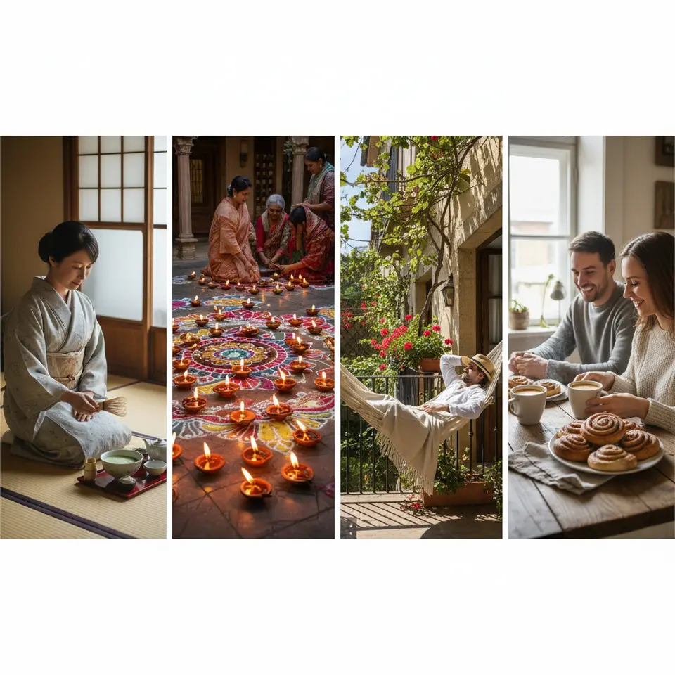 A vibrant collage of global cultural rituals: a serene Japanese tea ceremony scene with a matcha bowl, bamboo whisk, and tatami mat setting; glowing Indian Diwali oil lamps arranged on colorful rangoli in a courtyard; a sunlit Spanish balcony with a figure resting for siesta under a straw hat; and a cozy Swedish fika table with steaming coffee cups and cinnamon buns.