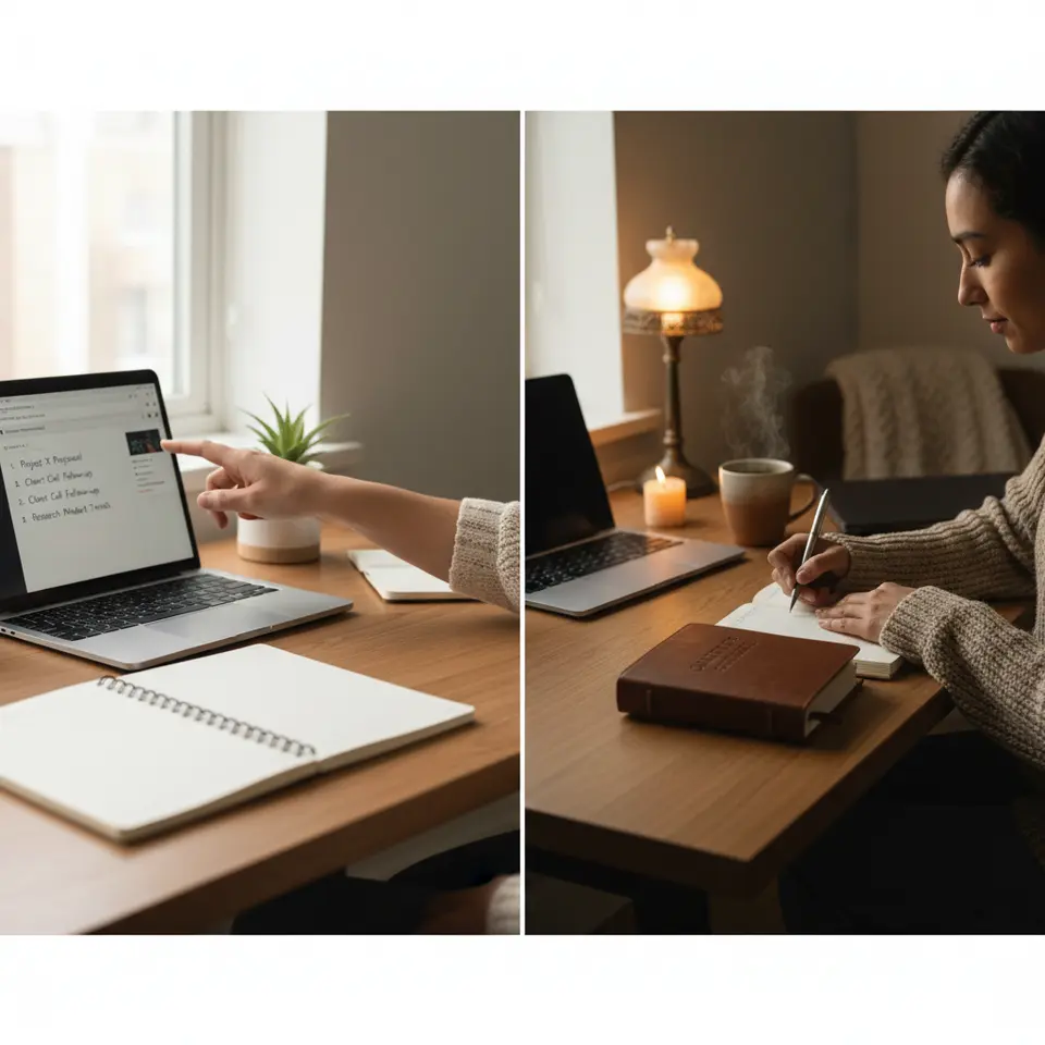 A split-screen daily ritual illustration: on the left, a bright morning ‘startup’ desk scene with a clean workspace, a hand closing laptop tabs, a notebook open to a neatly written to-do list of top three priorities, and a small potted plant; and on the right, an evening ‘shutdown’ ritual with dimmed lights, a person writing in a gratitude journal by candlelight, a warm mug of herbal tea, and a turned-off laptop in the background.