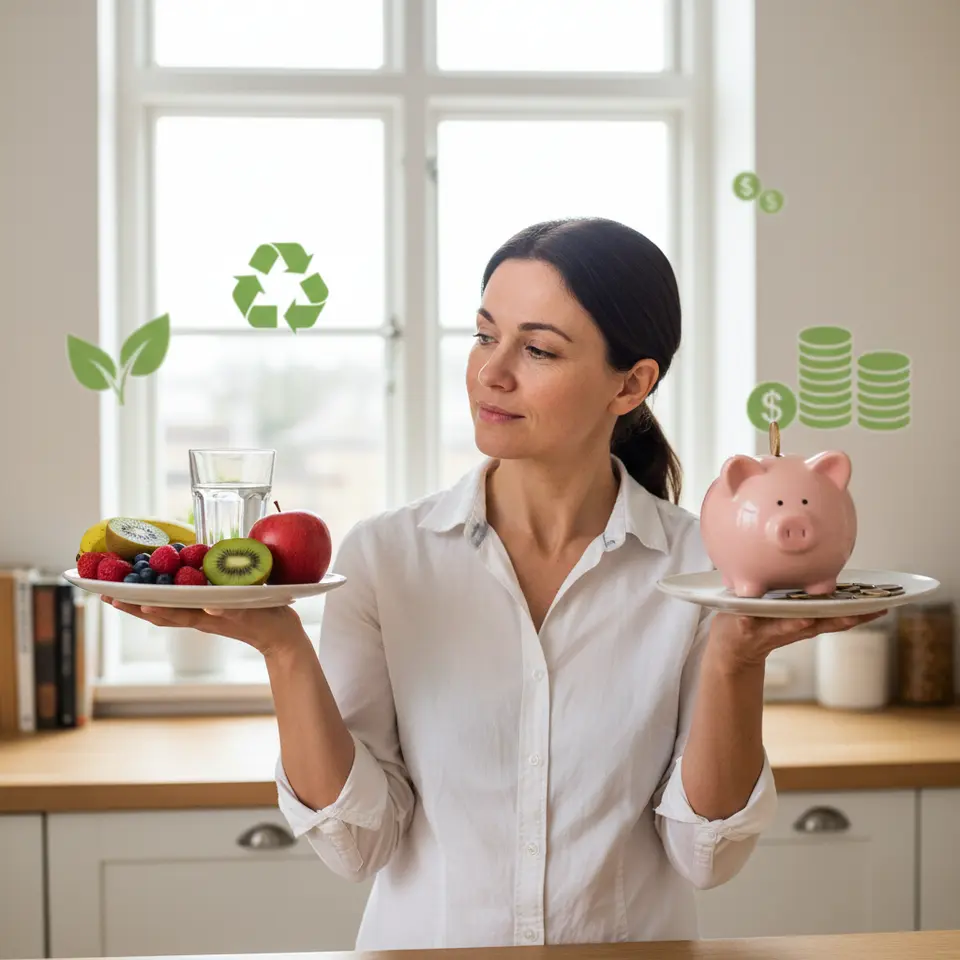 A dynamic illustration showing a person weighing multiple aspects of decision making: one hand holds a plate of healthy foods (fruits, water glass), the other hand balances a piggy bank with coins, while background icons of leaves, recycling symbols, and dollar signs float around—conveying nutrition, finance, and environmental sustainability.