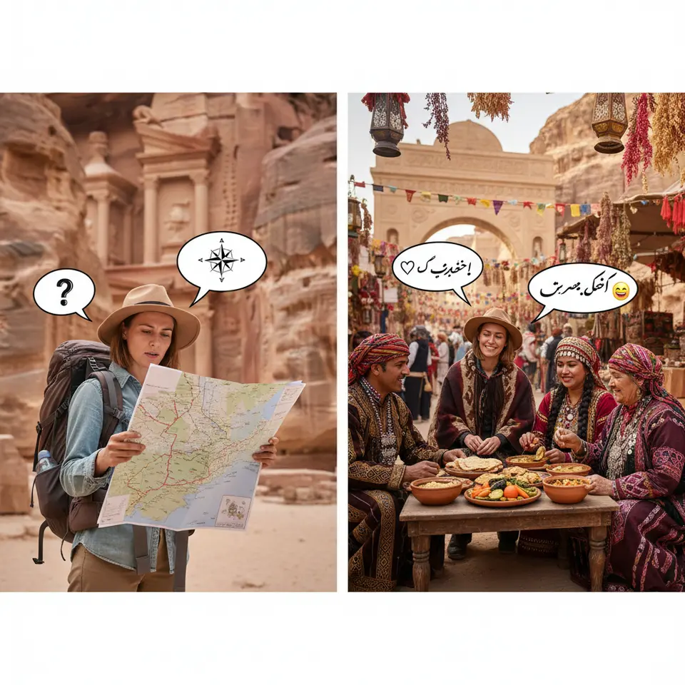 A vibrant travel scene: a curious traveler consulting a map in front of ancient ruins, then chatting and sharing a meal with warmly dressed local residents at an outdoor festival. Include cultural landmarks, traditional garments, language speech bubbles, and festive decorations to highlight immersive exploration and community connection.