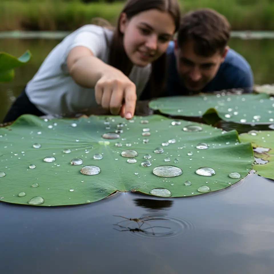 Surface tension on a lotus leaf: a close-up of perfectly spherical water droplets beading up on a green lotus leaf (the “lotus effect”), with a water strider insect gliding on the pond surface to hint at the strength of surface forces