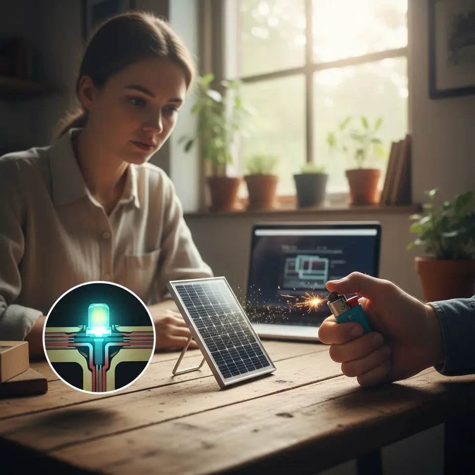 Energy conversion devices in action: a cut-away view combining an LED semiconductor junction glowing in blue-green, a solar cell panel with sunlight releasing electrons, and a piezoelectric lighter’s hammer striking a quartz crystal to produce a tiny spark